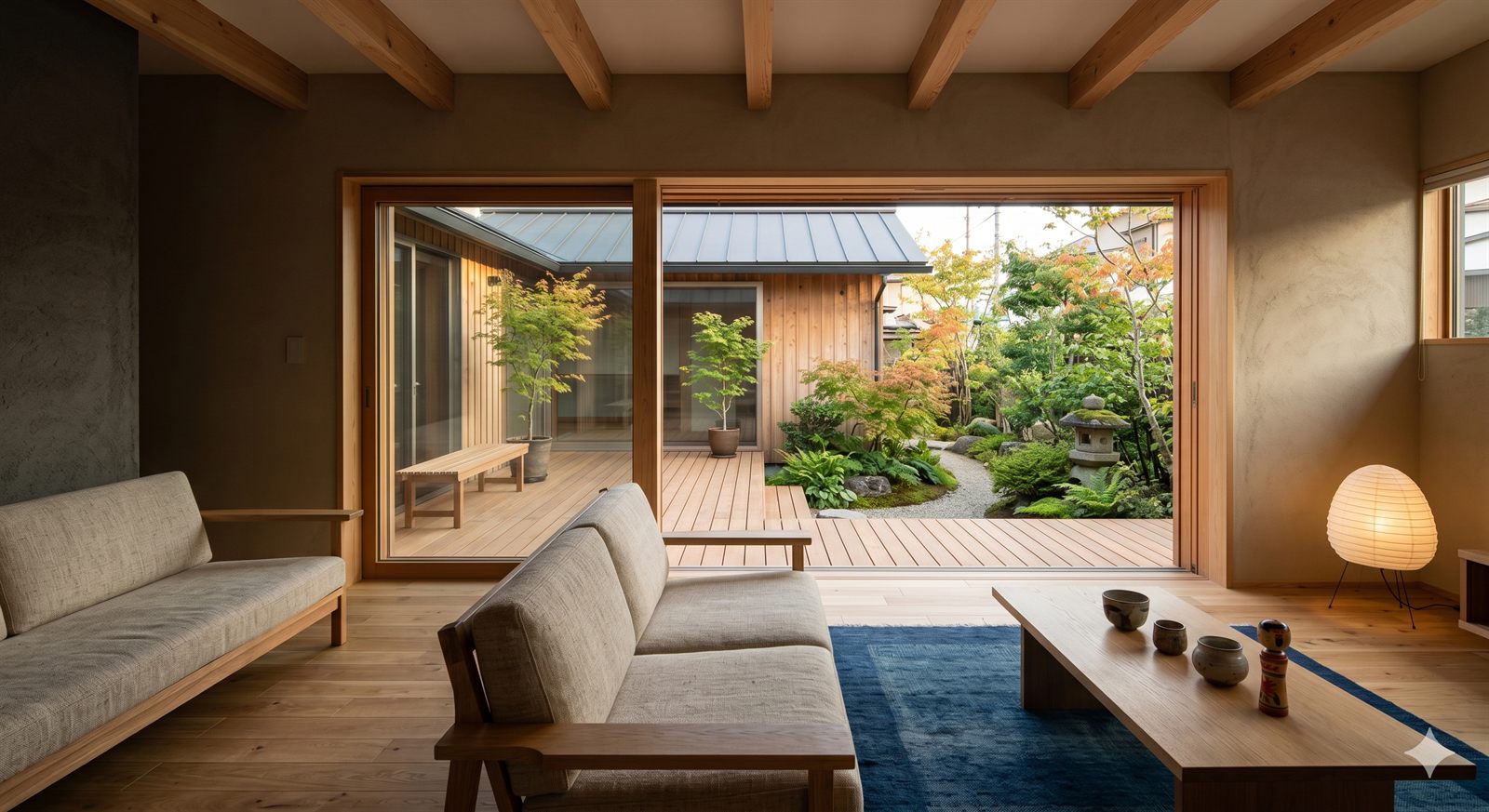 坪庭に開く居間